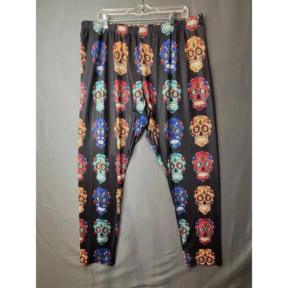 Halloween Sugar Skulls Black Leggings Womens Size XXX-Large‎ NWOT READ